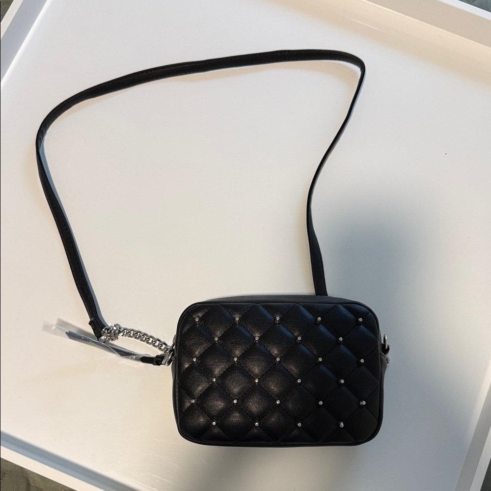 NWT Rebecca Minkoff black quilted crossbody bag with silver studded accents